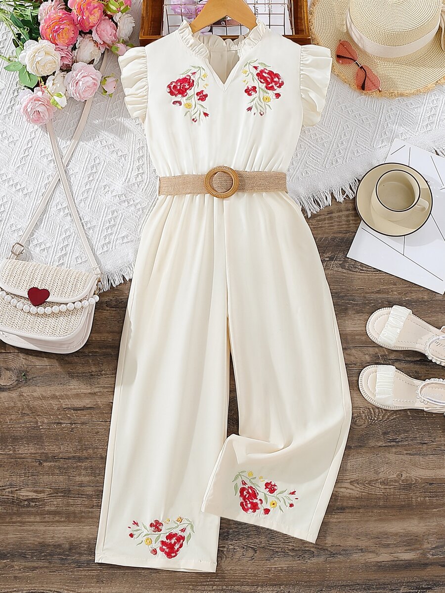 SHEIN Áo liền quần Gái Thêu Xù Hoa Dễ thương - Màu be - Xem 1