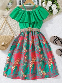 Chicas Vestido con cinturón con estampado tropical de hombros descubiertos ribete con fruncido - Multicolor - Ver 1