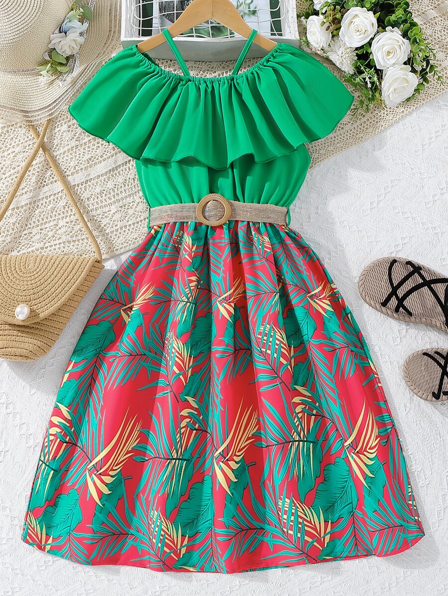 Chicas Vestido con cinturón con estampado tropical de hombros descubiertos ribete con fruncido - Multicolor - Ver 1