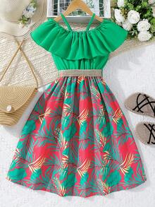Chicas Vestido con cinturón con estampado tropical de hombros descubiertos ribete con fruncido - Multicolor - Ver 2