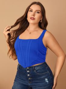SHEIN Privé Áo hai dây Plus Size Bất đối xứng màu trơn Giải trí - Xanh đậm - Xem 4