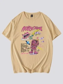 ROMWE MEN Street Life Guys Slogan & Figure Graphic Tee - Khaki - View 1