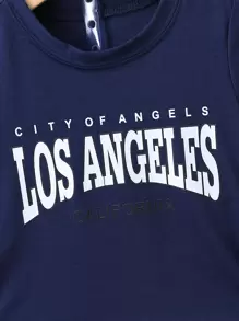 SHEIN Summer,Holiday,TravelerYoung Boy Navy Blue Simple & Cool Round Neck Regular Sleeve Top And Shorts Two Piece Set For Summer