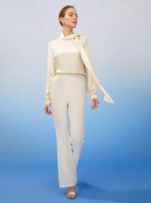 MOTF PREMIUM SILK TIE-NECK SNAKESKIN BLOUSE - Beige - View 7