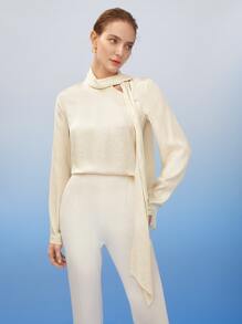 MOTF PREMIUM SILK TIE-NECK SNAKESKIN BLOUSE - Beige - View 9