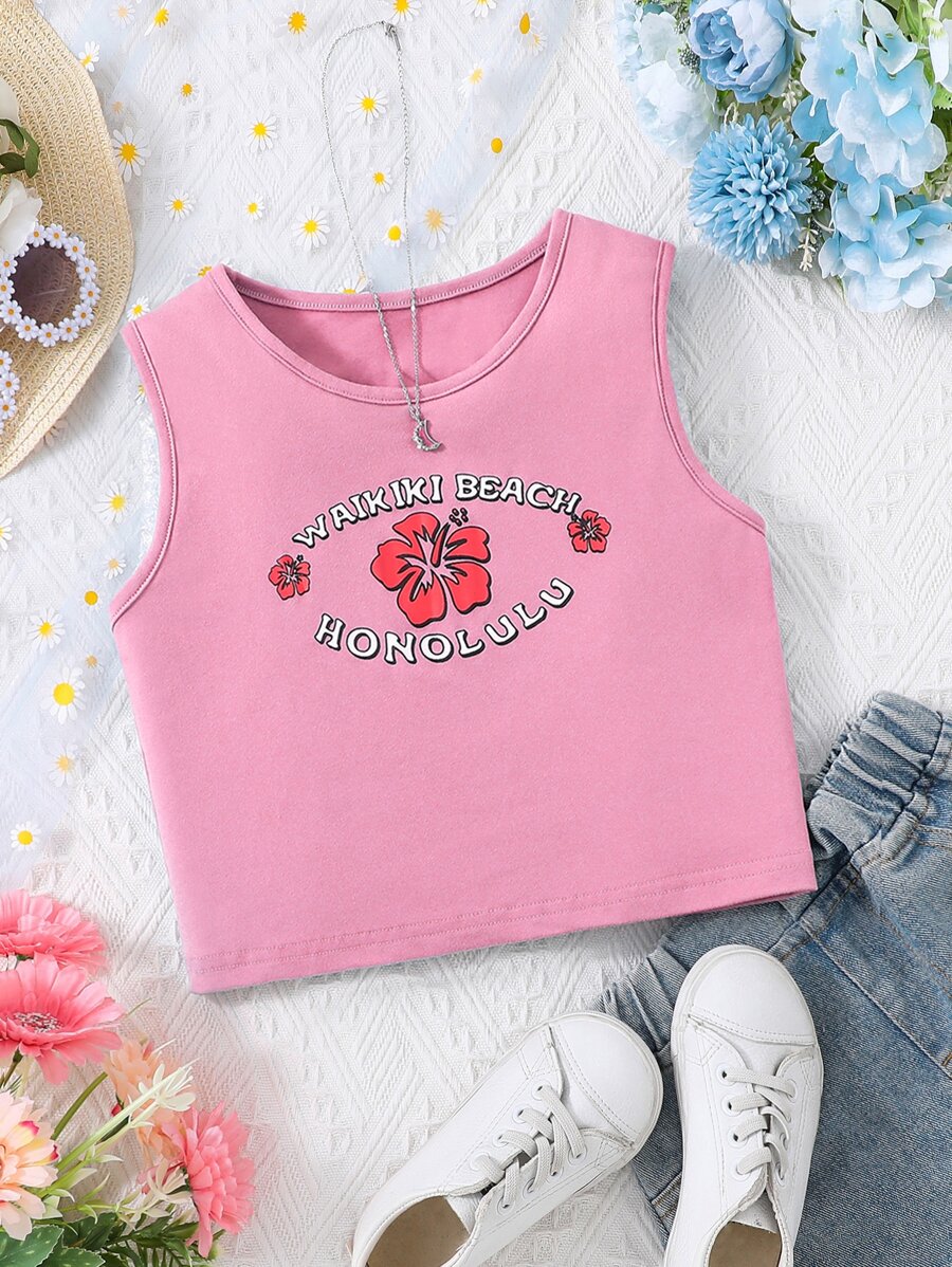 Girls Floral & Letter Graphic Tank Top - Pink - View 1