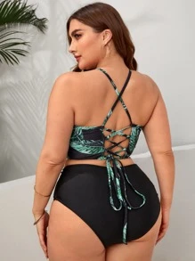 SHEIN Swim Curve Plus Tropical Print Halter Bikini Top