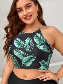 SHEIN Swim Curve Plus Tropical Print Halter Bikini Top