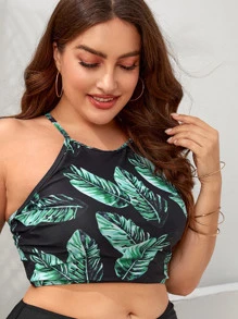 SHEIN Swim Curve Plus Tropical Print Halter Bikini Top