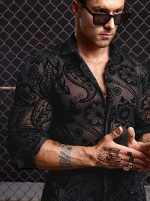 Manfinity BRENVOR Men Paisley Print Mesh Shirt, Fall, Couple Things, Long Sleeve Top - Black - View 4