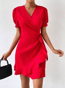 SHEIN Privé Vestido de manga farol ribete con fruncido con cordón lateral - Rojo - Ver 3
