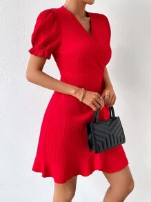SHEIN Privé Vestido de manga farol ribete con fruncido con cordón lateral - Rojo - Ver 6