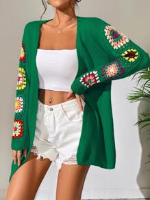 SHEIN VCAY Floral Crochet Detail Drop Shoulder Cardigan - Dark Green - View 1