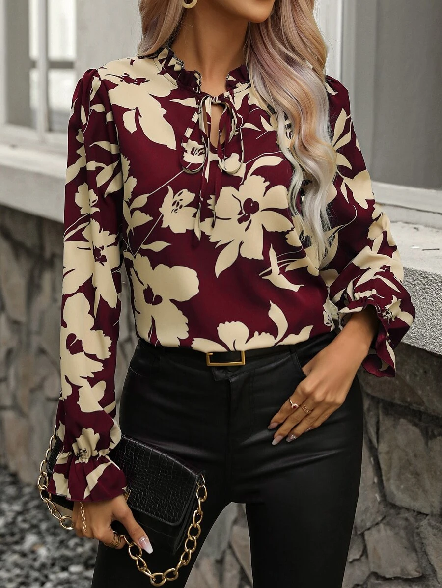 SHEIN Clasi Floral Print Tie Neck Flounce Sleeve Blouse - Burgundy - View 1