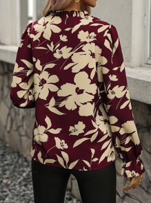 SHEIN Clasi Floral Print Tie Neck Flounce Sleeve Blouse - Burgundy - View 2