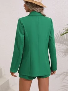 SHEIN LUNE Lapel Neck Single Breasted Blazer & Shorts - Green - View 2