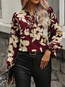 SHEIN Clasi Floral Print Tie Neck Flounce Sleeve Blouse - Burgundy - View 4