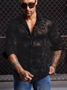 Manfinity BRENVOR Men Paisley Print Mesh Shirt, Fall, Couple Things, Long Sleeve Top - Black - View 6