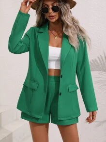SHEIN LUNE Lapel Neck Single Breasted Blazer & Shorts - Green - View 6