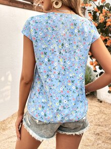 SHEIN VCAY Floral Print Batwing Sleeve Blouse - Baby Blue - View 2