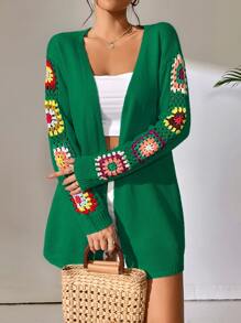 SHEIN VCAY Floral Crochet Detail Drop Shoulder Cardigan - Dark Green - View 3