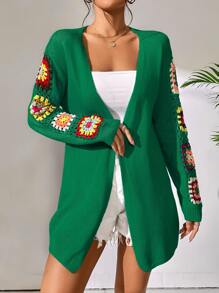 SHEIN VCAY Floral Crochet Detail Drop Shoulder Cardigan - Dark Green - View 4