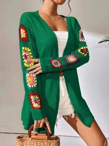 SHEIN VCAY Floral Crochet Detail Drop Shoulder Cardigan - Dark Green - View 5