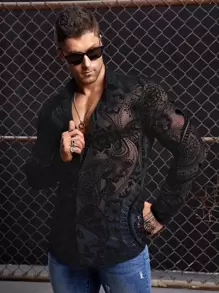 Manfinity BRENVOR Men Paisley Print Mesh Shirt, Fall, Couple Things, Long Sleeve Top - Black - View 7