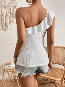 SHEIN Privé Áo nữ Xù Tranh thêu màu trơn Giải trí - trắng - Xem 2