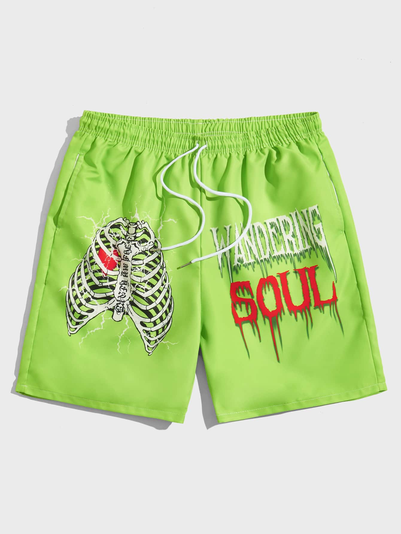 ROMWE MEN Street Life 男士骷髏和字母圖案腰部抽繩短褲 - 青檸色 - 查看 1