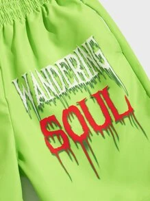 ROMWE MEN Street Life 男士骷髏和字母圖案腰部抽繩短褲 - 青檸色 - 查看 3