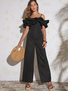 SHEIN Unity Jumpsuit De Pierna Ancha Con Hombros Descubiertos Y Volantes - Negro - Ver 1