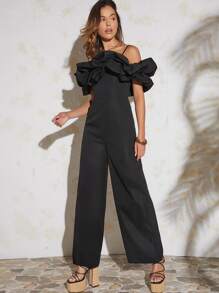 SHEIN Unity Jumpsuit De Pierna Ancha Con Hombros Descubiertos Y Volantes - Negro - Ver 2
