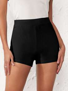 SHEIN BASICS Pantalones Cortos De Punto Acanalado Sólido Para Motociclista - Negro - Ver 6