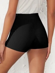 SHEIN BASICS Pantalones Cortos De Punto Acanalado Sólido Para Motociclista - Negro - Ver 2
