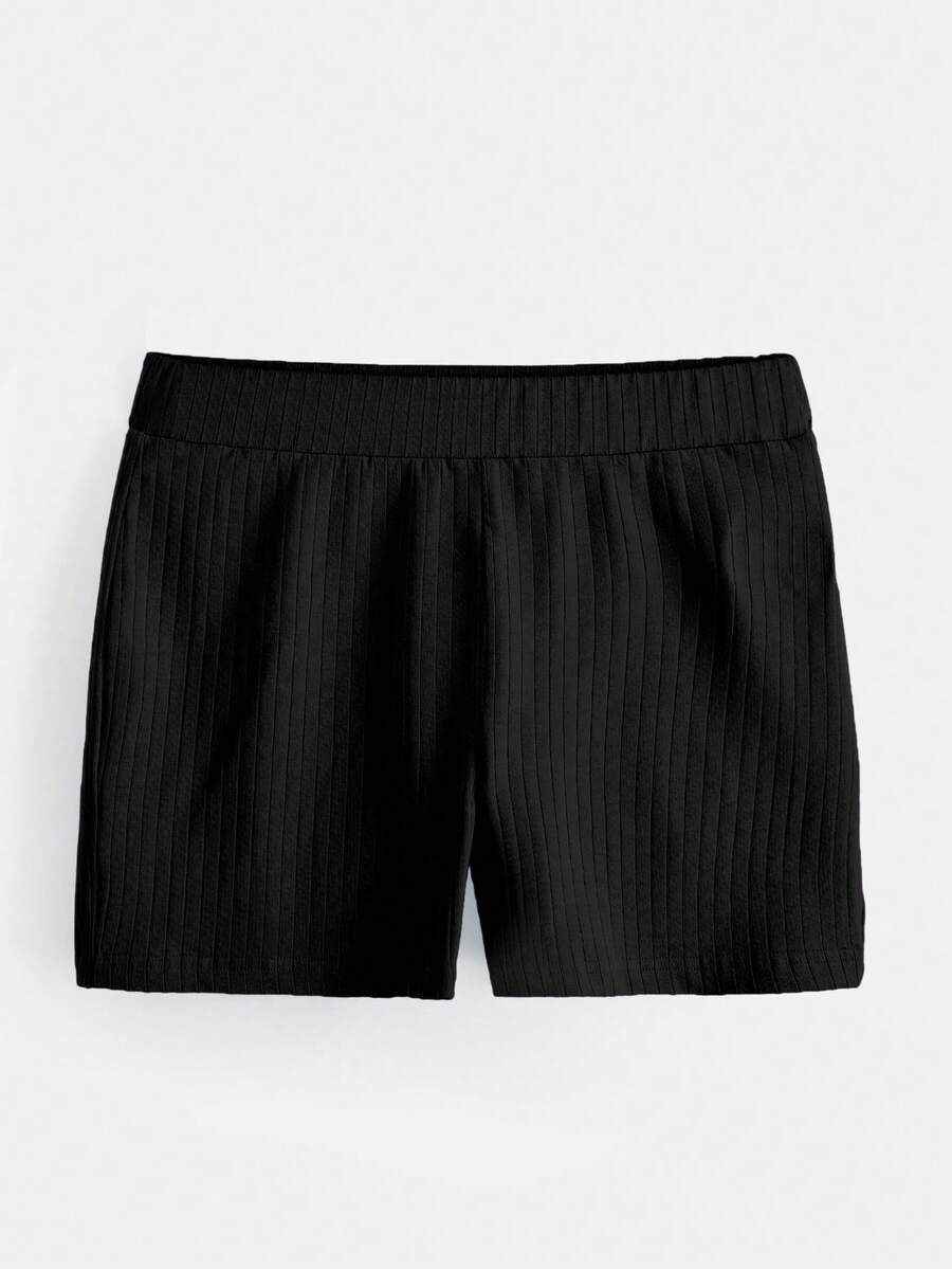 SHEIN BASICS Pantalones Cortos De Punto Acanalado Sólido Para Motociclista - Negro - Ver 1