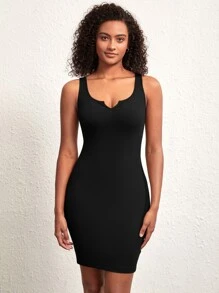 SHEIN BASICS Notched Neckline Bodycon Dress - Black - View 4