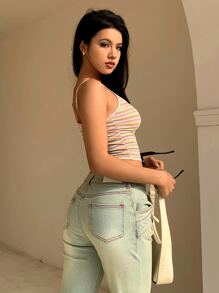 DAZY 條紋印花短袖背心 - 粉色 - 查看 4