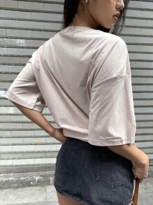 DAZY Camiseta de hombros caídos con estampado de letra - Caqui - Ver 4