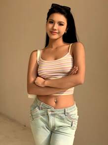 DAZY 條紋印花短袖背心 - 粉色 - 查看 5