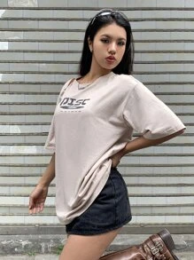 DAZY Camiseta de hombros caídos con estampado de letra - Caqui - Ver 6