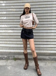 DAZY Camiseta de hombros caídos con estampado de letra - Caqui - Ver 7