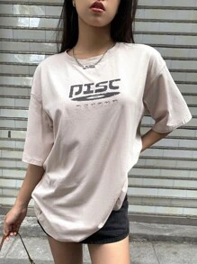 DAZY Camiseta de hombros caídos con estampado de letra - Caqui - Ver 8