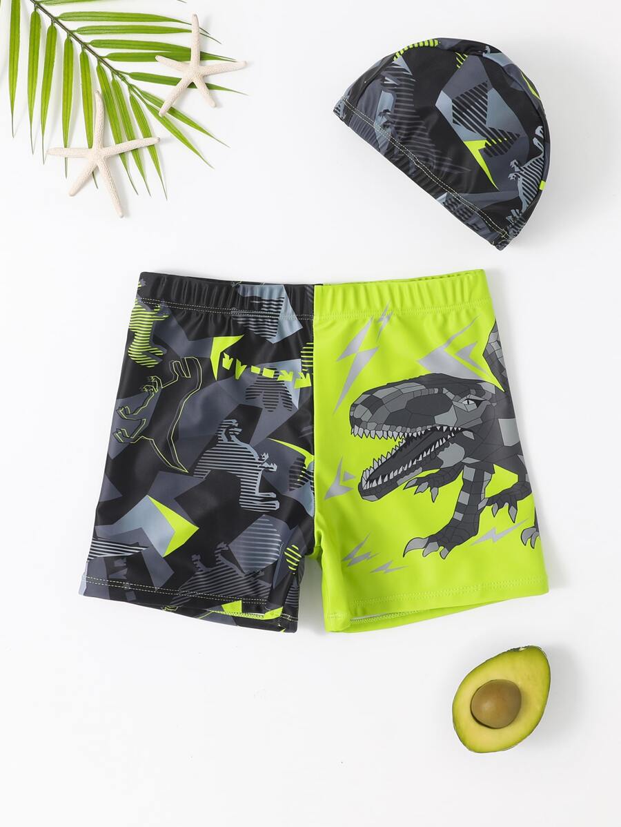 Boys Dinosaur Print Swim Shorts With Swim Cap - Multicolor - View 1