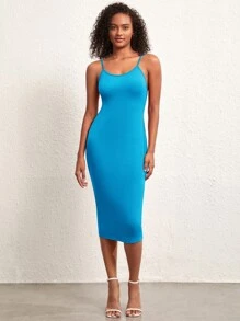 SHEIN BASICS Vestido ajustado de tirantes unicolor - Azul - Ver 1