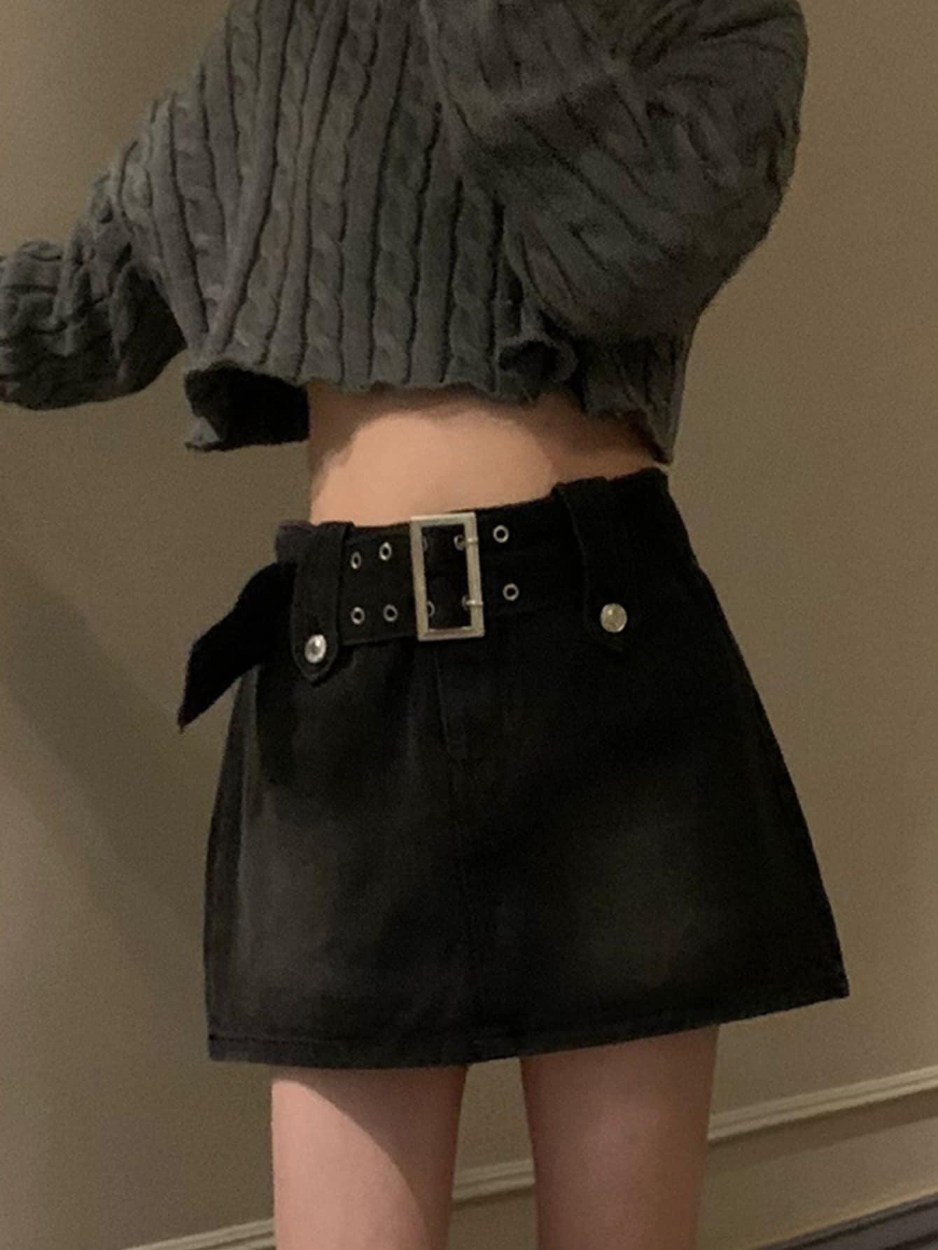 休闲水洗牛仔短裤，配腰带，夏季黑色 - 黑色 - 查看 1