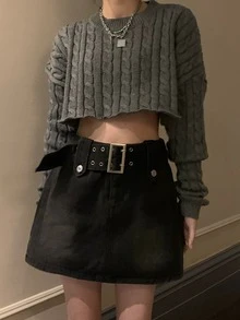 休闲水洗牛仔短裤，配腰带，夏季黑色 - 黑色 - 查看 4