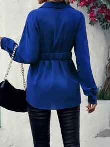 SHEIN LUNE Women's Solid Color Drop Shoulder Long Sleeve Single-Breasted Belt Design Casual Shirt - Royal Blue - View 2