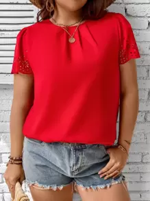 SHEIN LUNE Plus Laser Cut Out Plicated Detail Puff Sleeve Blouse - Red - View 1