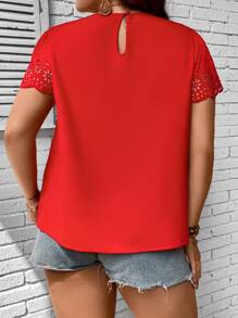 SHEIN LUNE Plus Laser Cut Out Plicated Detail Puff Sleeve Blouse - Red - View 2